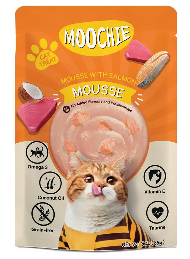 PETS EMPIRE Moochie Food Grain-Free Gravy Cat Treat Mousse with Salmon 85g (12 Pouches X 85g) (1.16 kg, Pack of 12)